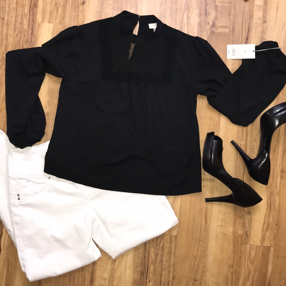 A New Day Black Blouse with Lace Detail Sz XS